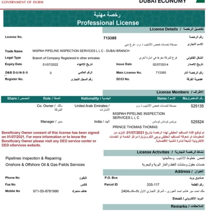 UAE Company status Info